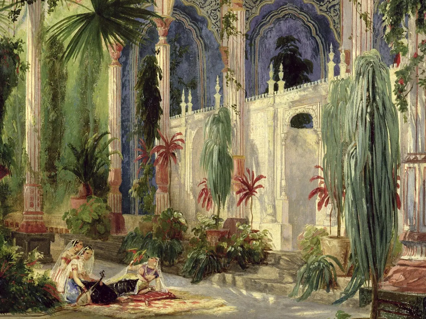 Palm house interior with ferns and ornate arches — detail from Carl Blechen's In the Palm House, c. 1833